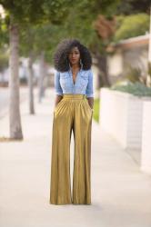 Fitted Denim Shirt + Gold High Waist Pants