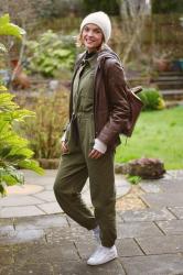Khaki Boiler suit, trainers and Leather • Casual Spring Style