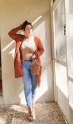 RUST cardigan and STAUD