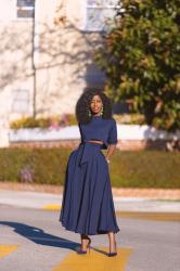 Long Sleeve Crop Top + Belted Swing Midi Skirt