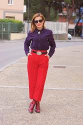 Lace culotte pants: a red and purple outfit