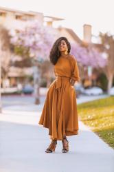 Cognac Off Shoulder Swing Dress