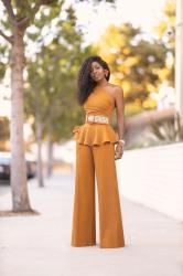 One Shoulder Peplum + High Waist Wide Leg Pants