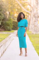 Long Sleeve Crop Top + Belted Pencil Midi Skirt