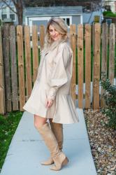 Khaki Drop Waist Dress + Tall Boots.