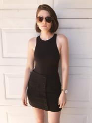 black bodysuit + miniskirt