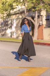 Fitted Denim Shirt + Belted Midi Skirt