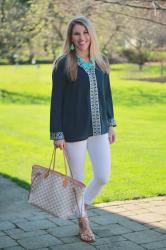 Embroidered Navy Blouse with Turquoise & Confident Twosday Linkup 