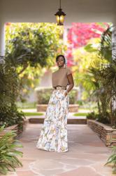 Printed Scarf + Crop Top + Printed High Waist Maxi Skirt