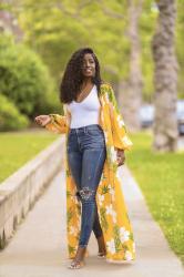 Yellow Floral Print Duster + Tank Bodysuit + Jeans