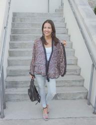 Dark Floral Print Kimono + Gray Distressed Jeans