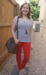 Striped Tanks and Colourful Skinny Jeans With Louis Vuitton Speedy Bandouliere
