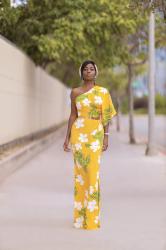 Yellow Tropical One Shoulder Draped Dress