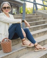 a classic pinstripe blazer and skinny jeans