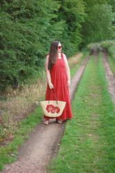 Red Maxi Dress and Basket Tote Bag Outfit