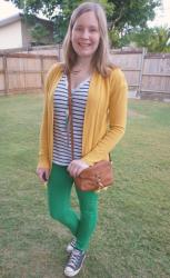 Two Ways To Wear a Mustard Cardigan: With Green and Orange