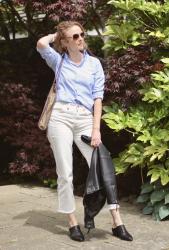 AGELESS Style? You decide! • Cream Jeans, Blue Shirt, Black Biker