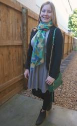 Colourful Printed Scarves And Bags With Neutral Dresses, Leggings and Ankle Boots | Weekday Wear Link Up