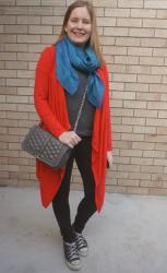 Adding Colour to Black Skinny Jeans Outfits With Bright Cardigans and Skull Scarves