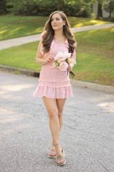 oNecklace Letter Necklace and Pink Gingham Shirred Dress