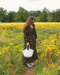 Yellow And Black Floral Maxi Wrap Dress Outfit