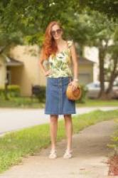 Lemon Print Halter and Denim Skirt