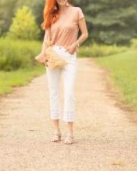 Linen Tee with White Eyelet Cropped Jeans