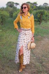 A yellow country outfit with a Paige 1912 pinstripe shirt