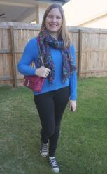 Blue Knits, Black Jeans, Magenta Edie Bag, and Face Masks