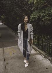 NSale: Grey Oversized Cardigan & White Loafers