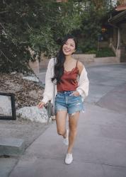 Cream Cardigan & Rust Lace Cami