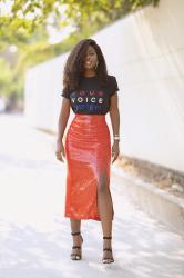 Michael Kors Vote T-Shirt + Sequin Skirt