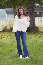 Thursday Fashion Files Link Up #276 – Fall White Distressed Sweater w/ Subtle Flare Leggings