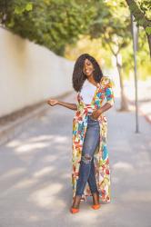 Print Wrap Dress + Tank + Ripped Jeans