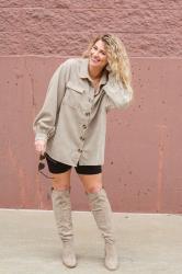 Oversized Corduroy Shirt with Bike Shorts + Tall Boots.