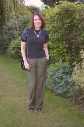 Black Faux Leather Puff Sleeves and Khaki Trousers + Style With a Smile Link Up
