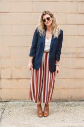 Striped Palazzo Pants with a Navy Blazer for KC Homes & Style.