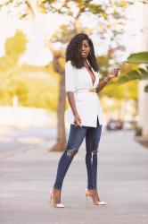 White Blazer DB Blazer + Knee Ripped Jeans