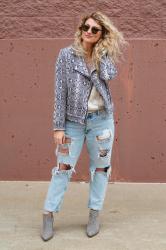 Destroyed Boyfriend Jeans + Snakeskin Jacket.