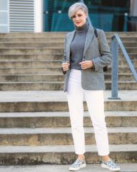 fall neutrals how to wear a grey herringbone blazer