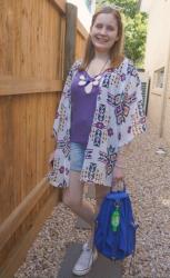 Purple Tees, Printed Kimonos, Denim Shorts And Rebecca Minkoff Julian Bag