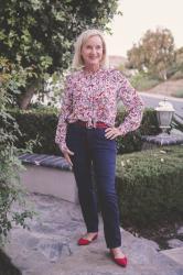 Add Mustard to a Floral Tie-Neck Blouse