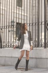 White Dress And Houndstooth Print Blazer