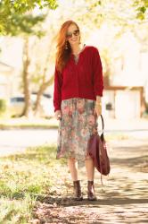 Red Sweater Over Floral Fall Dress