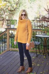Cowl Neck Cozy in Gold with Navy Corduroy Pants