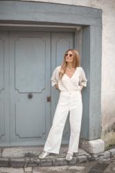 CARDIGAN DE BORLAS Y PANTALÓN CULOTTE EN BLANCO