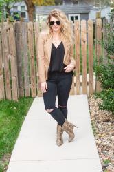 Tan Blazer + Asymmetrical Snakeskin Ankle Boots.