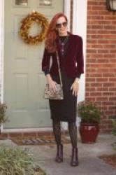 Turning Heads Linkup – Black Sweater Dress with Soft Surroundings Burgundy Snakeskin Booties