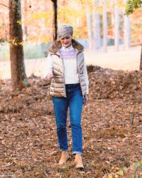 perfectly preppy puffer vest with a fair isle sweater