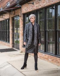 cashmere, a black leather skirt and leopard scarf